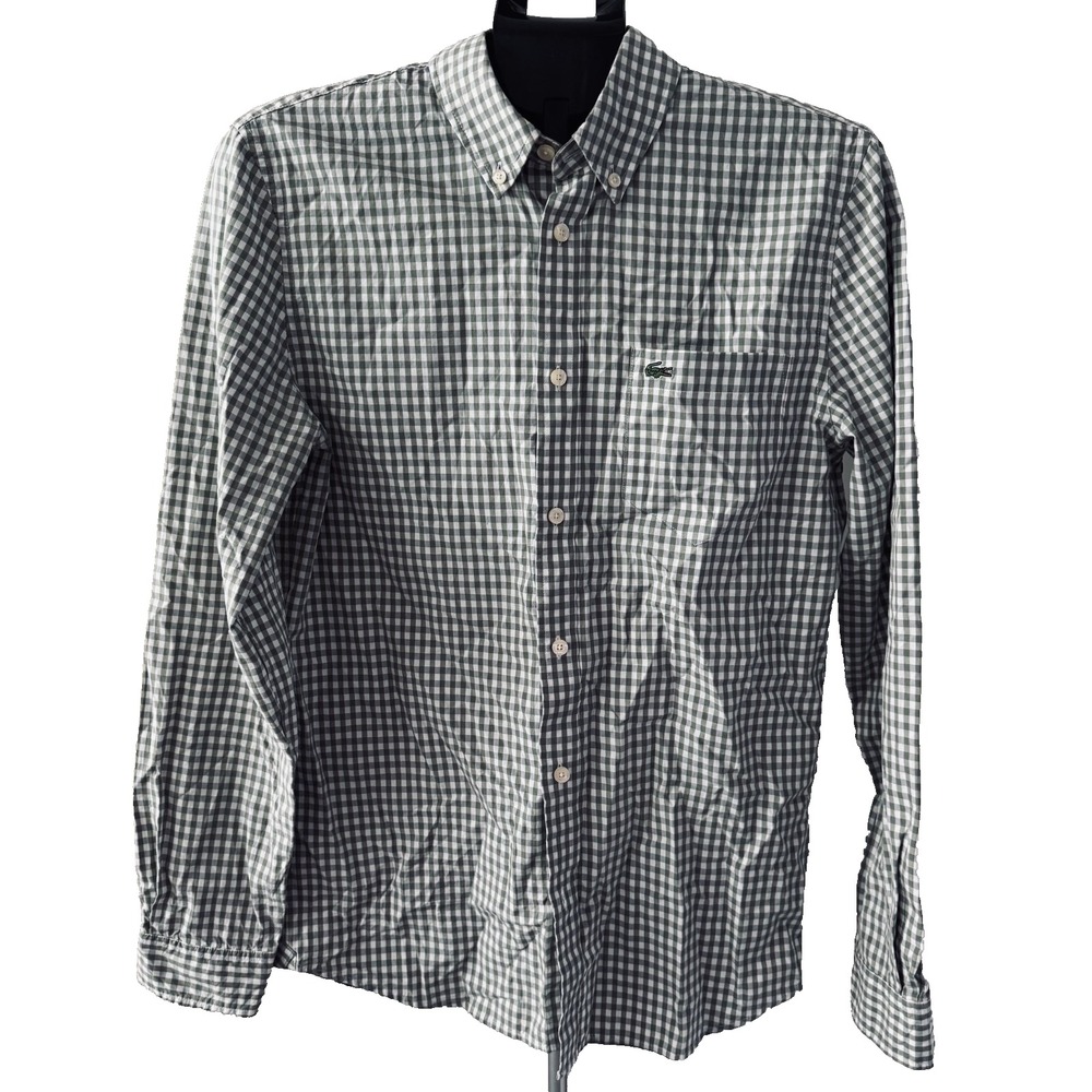 Lacoste Green White Gingham Button Down Shirt Mens Small Cotton Crocodile Logo